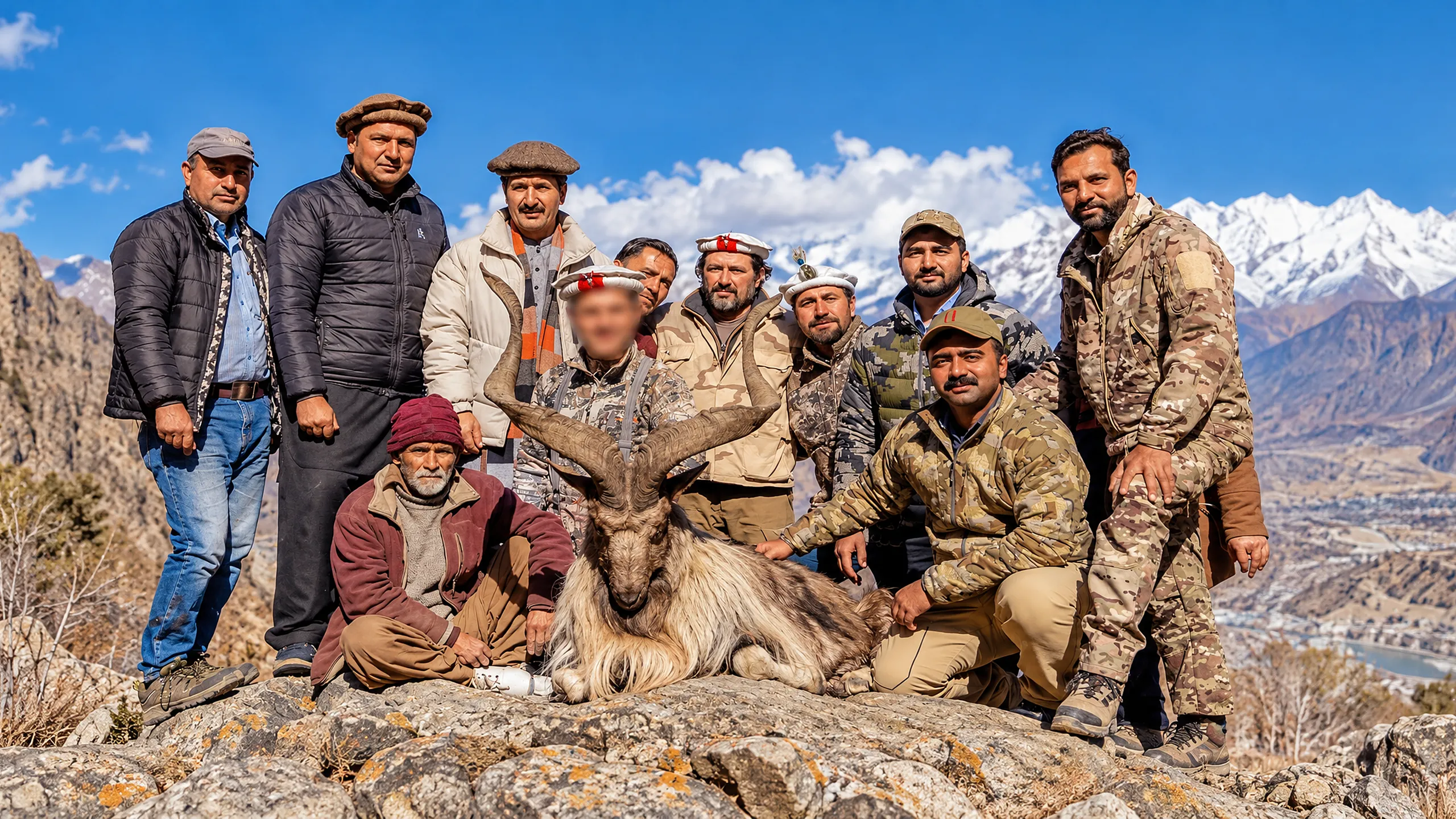 Astor Markhor with the hunting party and community spotters, Gilgit-Baltistan